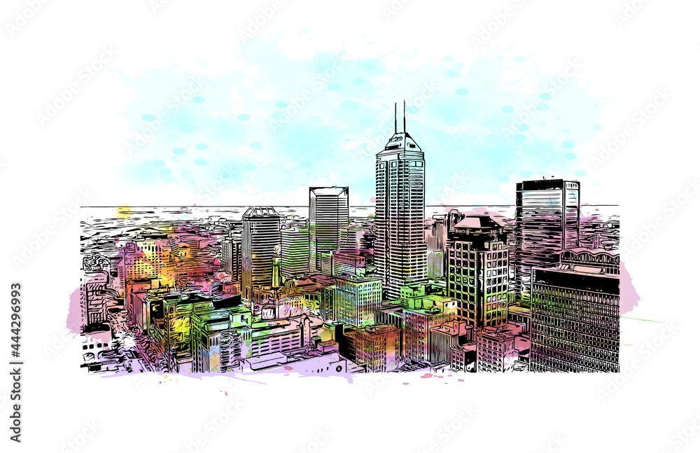 Building view with landmark of Indianapolis is the
city in Indiana. Watercolor splash with hand drawn sketch illustration in vector.