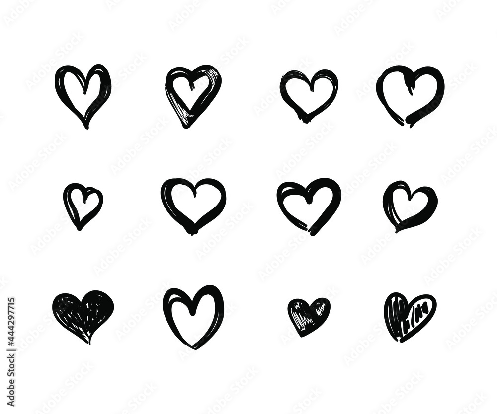 Vector set of hand drawn black hearts on white background, decorative design elements, wedding, valentines day illustration.
