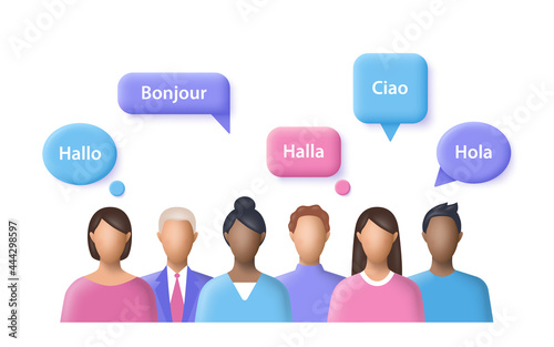 Mother language. People say the word hello in different international languages. 3d vector illustration.