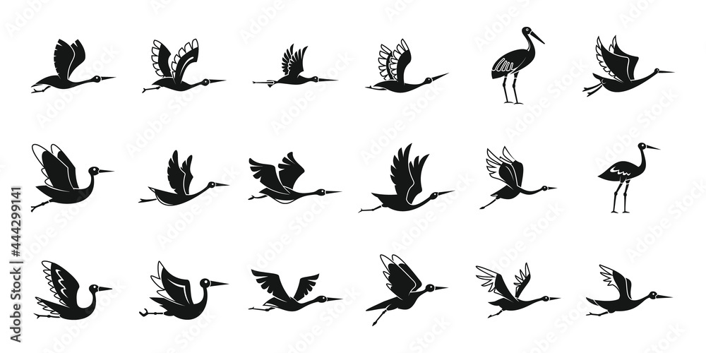 Stork bird icons set simple vector. Bird fly Stork bird icons set simple vector. Bird fly