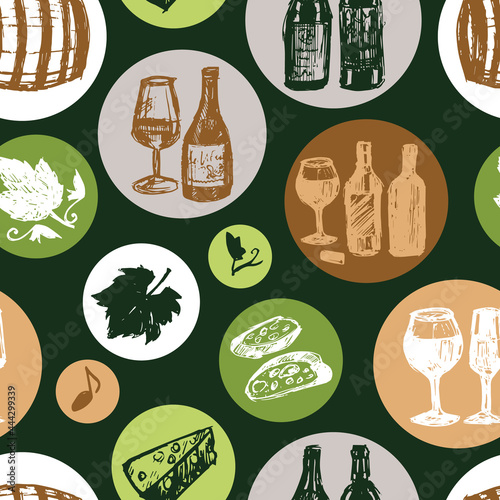 Vector green wine bar pen sketch doodle in circles seamless background pattern with bread and cheese. Suitable for textile, gift wrap and wallpaper.