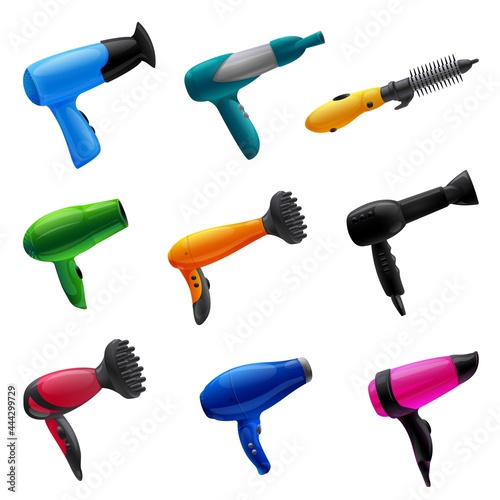 Dryer icons set cartoon vector. Hair dryer machine