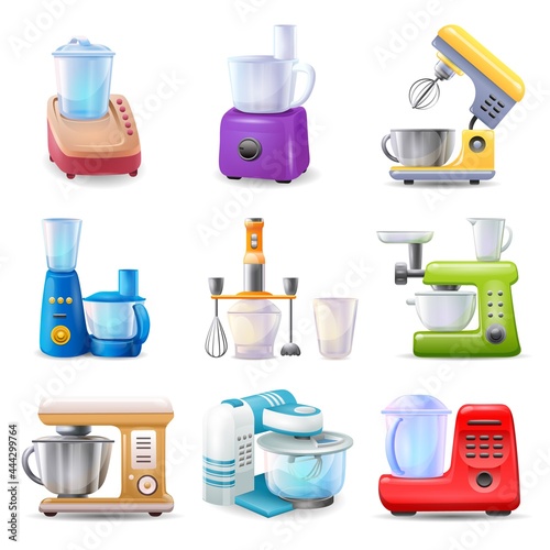 Food processor icons set cartoon vector. Cook equipment
