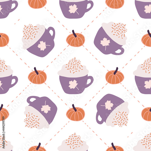 Geometric Autumn Pumpkins and Coffee Seamless Pattern Background