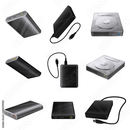 Hard disk icons set cartoon vector. External hard