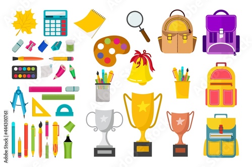 Stationery or School Supplies Set. Pencils, pens, backpacks, rulers, cups, a calculator, compasses. Vector illustration