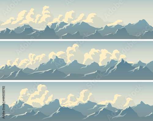 Set of vector horizontal simple banners with clouds and snowy mountain range glistens in the sun.