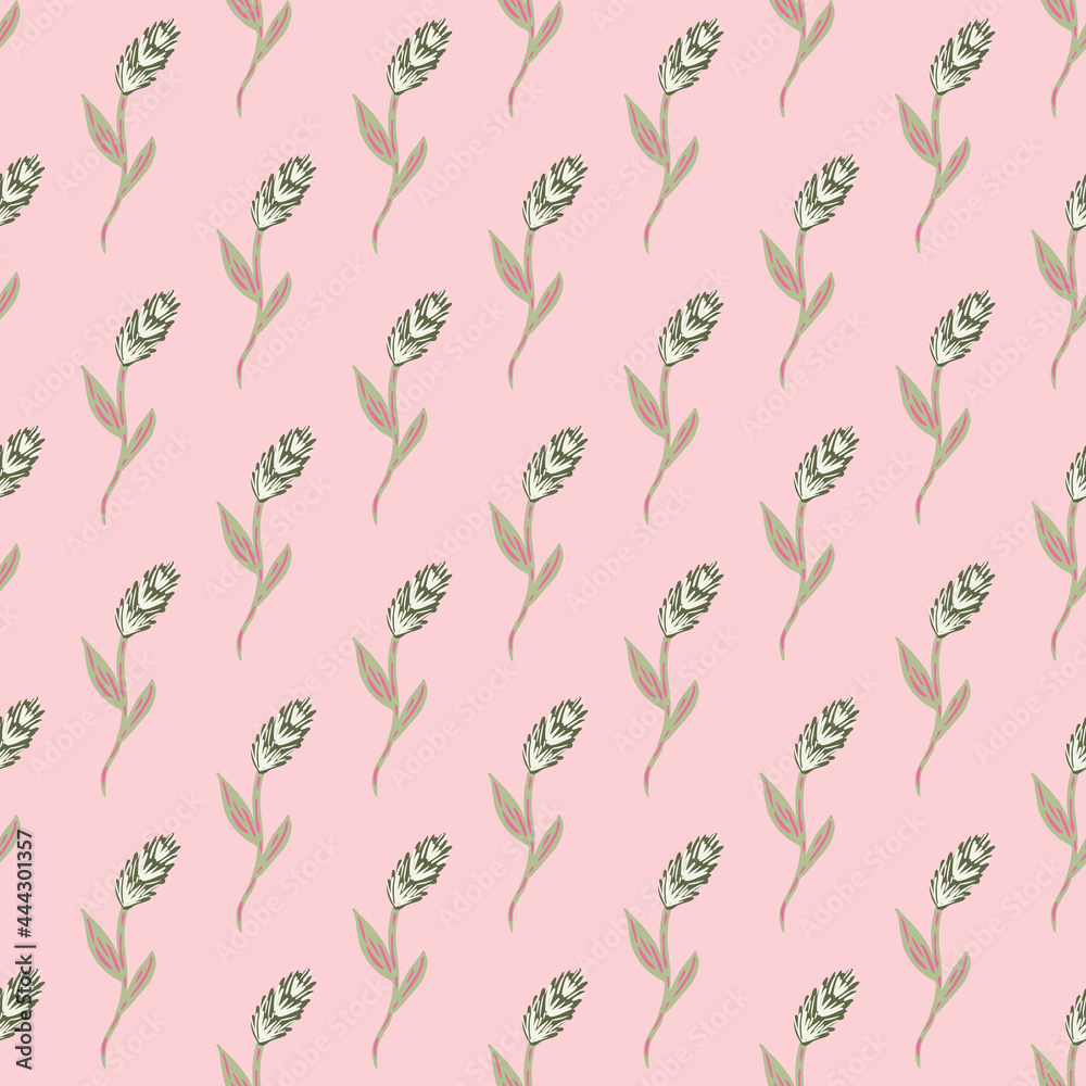Decorative seamless nature pattern with simple little ear of wheat elements. Pastel pink background.