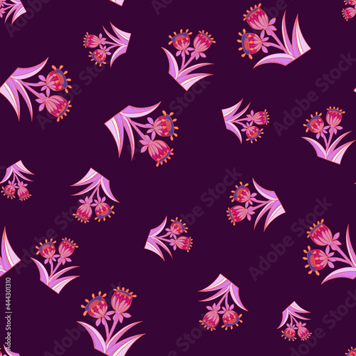 Random bell flower seamless pattern in pink bright colors. Purple dark background. Hand drawn blossom print.