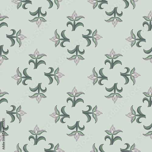 Botanical seamless pattern in geometric style with simple tulip flowers shapes. Blue background.