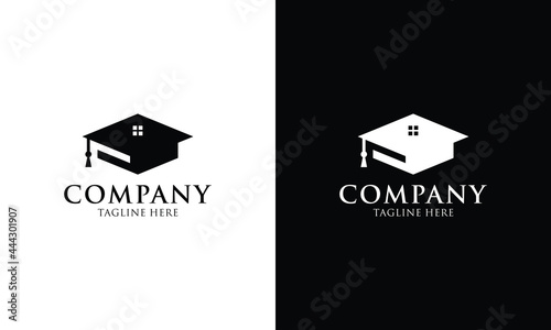 Student housing logo template. Students accommodation vector design. Bachelor cap and home logo template on a black and white background.