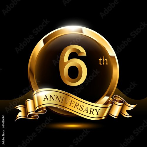 6 years golden anniversary logo celebration with ring and ribbon.
