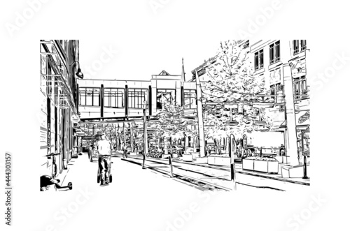 Building view with landmark of Indianapolis is the 
city in Indiana. Hand drawn sketch illustration in vector.