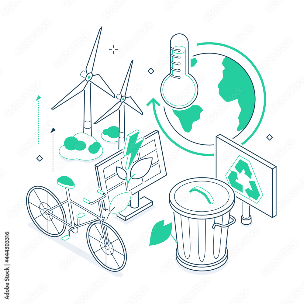 Ecology concept - green and black isometric line illustration Ecology concept - green and black isometric line illustration