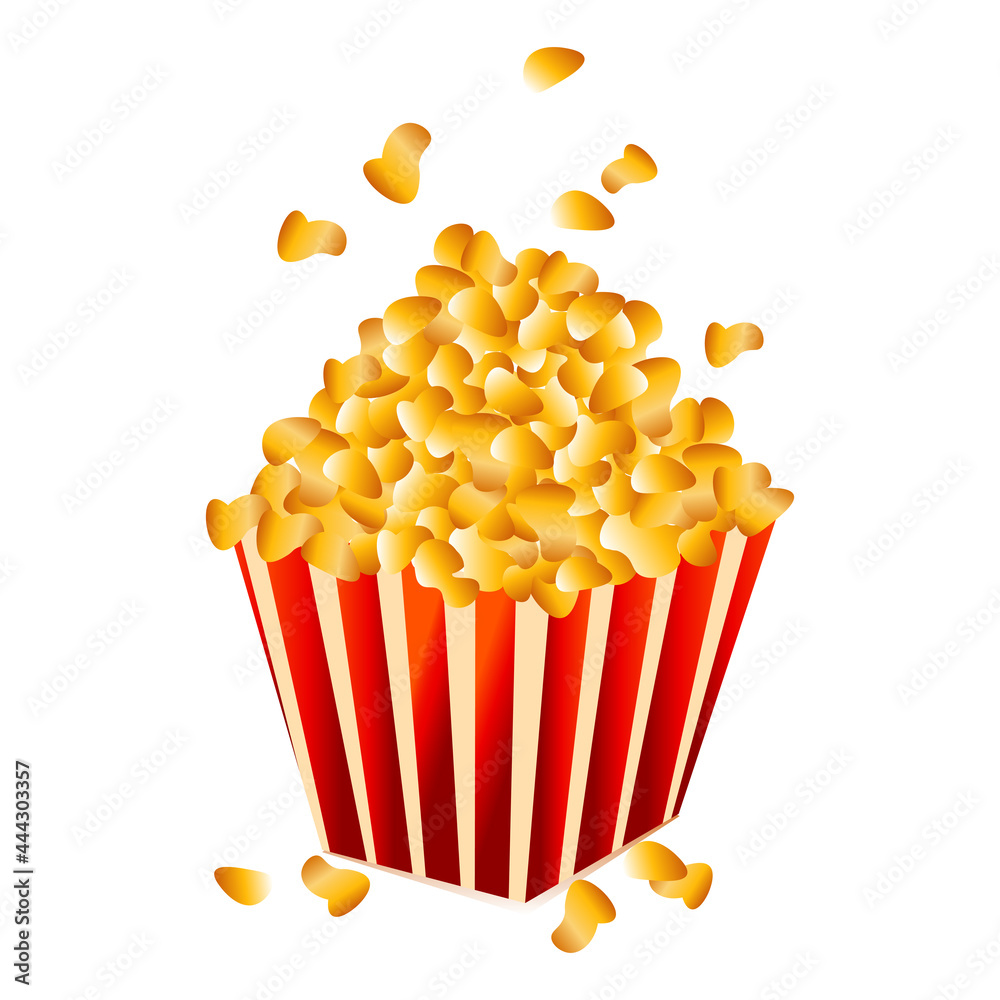 Large square carton box with red stripes and a lot of gold grains on the top. Takeout fastfood for tv movies fall in the air. Pop corn in take away rectangle packaging isolated on white background. Large square carton box with red stripes and a lot of gold grains on the top. Takeout fastfood for tv movies fall in the air. Pop corn in take away rectangle packaging isolated on white background.