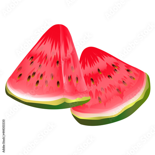 Bright colorful water melon cut out triangular pieces. Summertime big berry with red pulp isolated on white background. Sweet vegan freshness.
