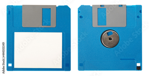 Blue floppy disk front and back with blank label isolated on white background, clipping path photo
