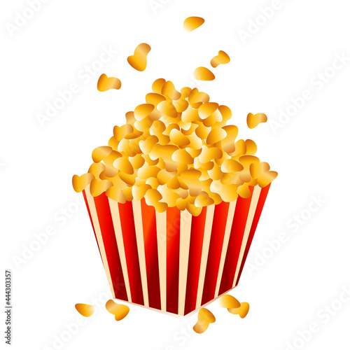 Large square carton box with red stripes and a lot of gold grains on the top. Takeout fastfood for tv movies fall in the air. Pop corn in take away rectangle packaging isolated on white background.