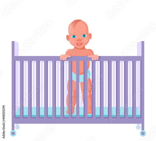 Smiling baby boy, 1 year old, in diapers stands in a crib. Color illustration isolated on white background. Vector illustration in a flat style.