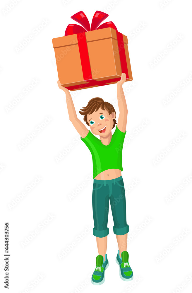 Smiling teenage boy holding a large box, decorated with a red bow. Gift or purchase. Color vector cartoon illustration isolated on white background. Smiling teenage boy holding a large box, decorated with a red bow. Gift or purchase. Color vector cartoon illustration isolated on white background.