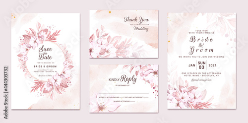 set of wedding invitation card with beautiful soft creamy flowers and leaves