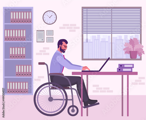 A disabled man Indian sits in a wheelchair at a table and works at a computer. A disabled businessman in a wheelchair works in an office with a laptop. Vector illustration in a flat style.