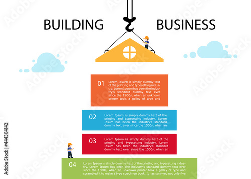 Crane and building block. Infographic template building business.