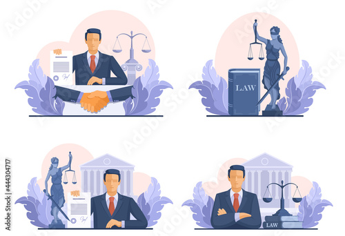 Legal services and services of a lawyer for business. Contracts and transactions, law and court. lady Justice, Themis Holding Justice Scale. Set of vector illustrations isolated on white background.