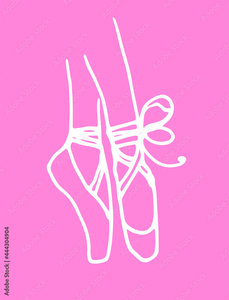 Fototapeta premium Vector illustration of a white line of a ballerina's feet in pointe shoes with a bow drawn in the doodle style on a pink background for a design template for labels, signs, packaging and postcards