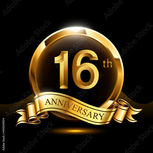 16 years golden anniversary logo celebration with ring and ribbon.