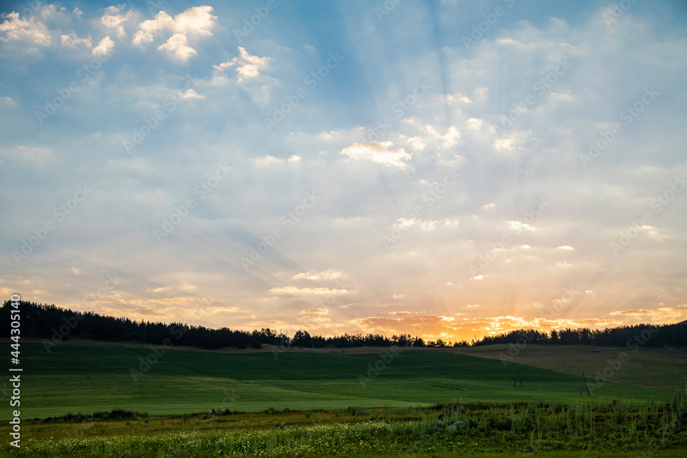 Beautiful summer landscape. The green hills, forest and mountains at the sunrise. Nature wallpaper Beautiful summer landscape. The green hills, forest and mountains at the sunrise. Nature wallpaper