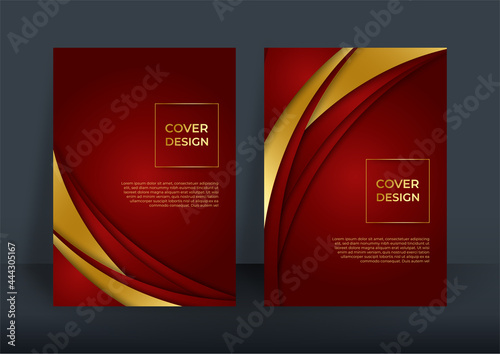 Abstract red gold cover flyer brochure background. Abstract red luxury background with golden line, paper cut style 3d. Modern dark red and gold cover abstract background. Vector Illustration
