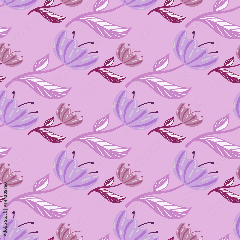 Modern summer nature seamless pattern with organic tulip flowers shapes. Pastel lilac background. Simple print.