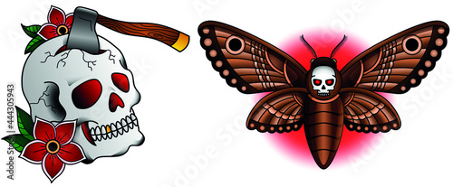 isolated  old school moth and skull