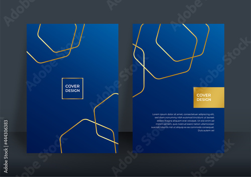 Set of blue gold A4 cover brochure design templates on the subject of business and presentation. Vector illustrations for flyer layout, marketing material, annual report cover, presentation template.