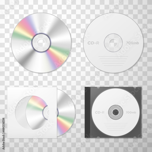 Collection of compact disk realistic vector. Audio and video player, keeping digital information