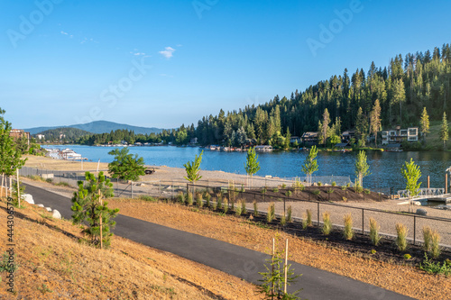 A waterfront dog park in a neighborhood of luxury homes along the Spokane River in the Riverstone area of Coeur d'Alene, Idaho, USA photo