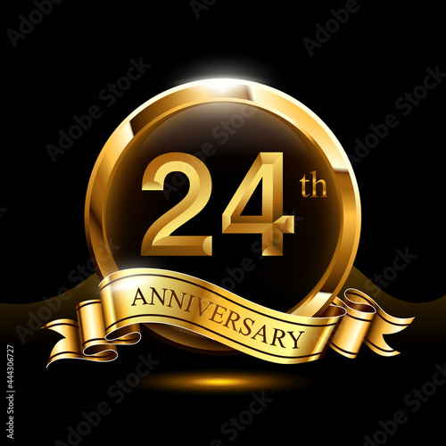 24 years golden anniversary logo celebration with ring and ribbon.