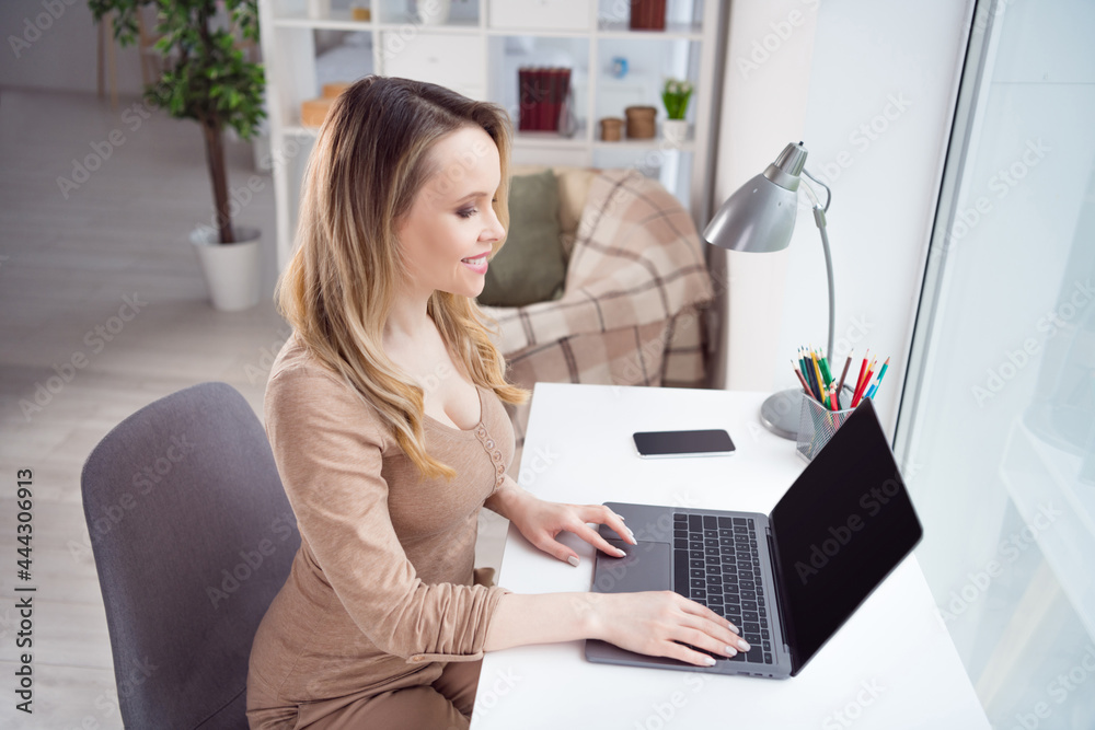 Photo of businesswoman lady sit desktop work laptop look screen wear beige shirt in comfortable room indoors Photo of businesswoman lady sit desktop work laptop look screen wear beige shirt in comfortable room indoors
