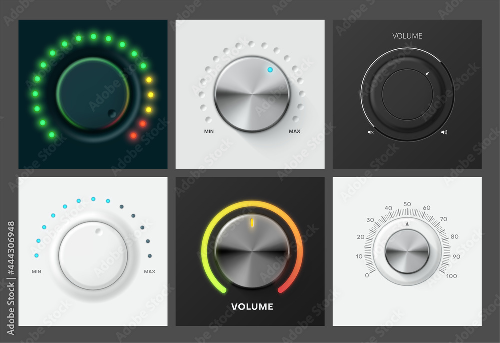 3d realistic black and white metallic volume control knob set vector neon indicator template