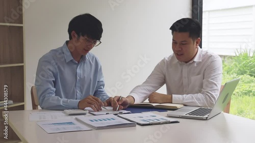 High five, Young Asian businessman congratulates Filipino partners on successful business together, Friendship, Sign language greetings, Hands together, Success business negotiations, Tag team.