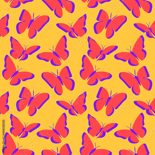 Butterflies abstract seamless pattern. Repetitive vector illustration of red butterflies on yellow background. 