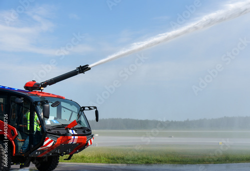 Fire truck extinguishes fire at the airport