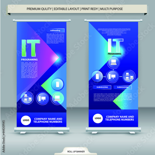 Roll up banner  business brochure flyer design vertical template vector, cover presentation abstract geometric background, modern publication x-banner and flag-banner, IT, blue background