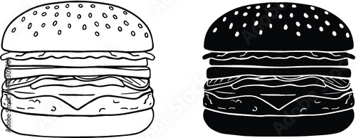 Realistic Cheese Burger Outline and Silhouette Clipart