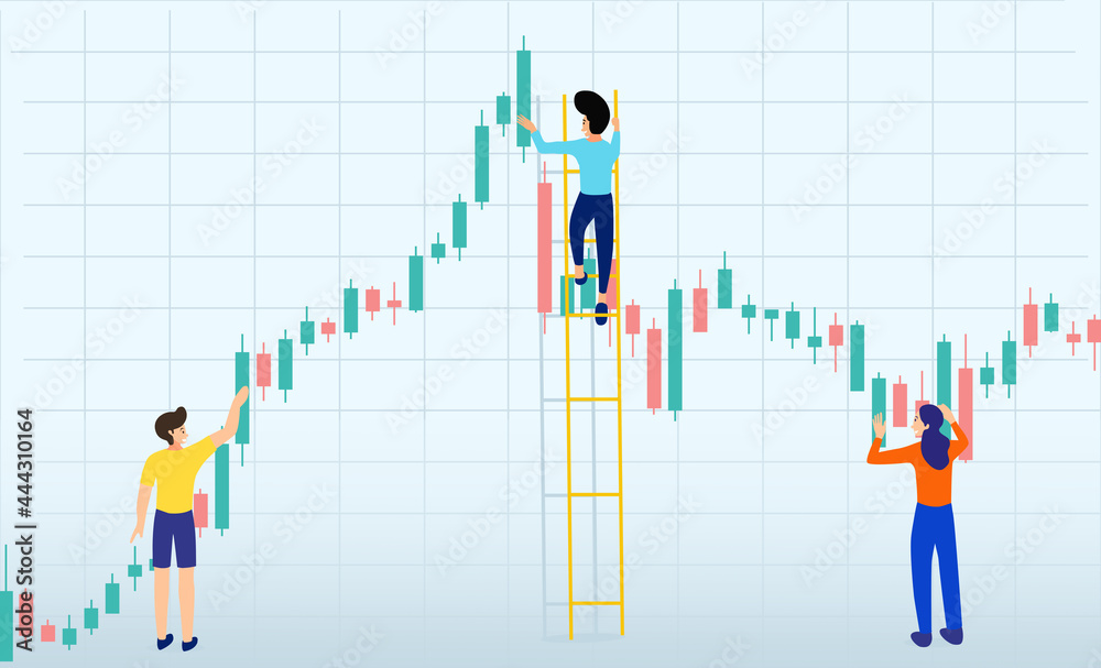 Young people holding candlestick buy and sell sign,money investing concepts,internet earning study,Making cash on the internet, winning plenty of money, vector illustration Young people holding candlestick buy and sell sign,money investing concepts,internet earning study,Making cash on the internet, winning plenty of money, vector illustration