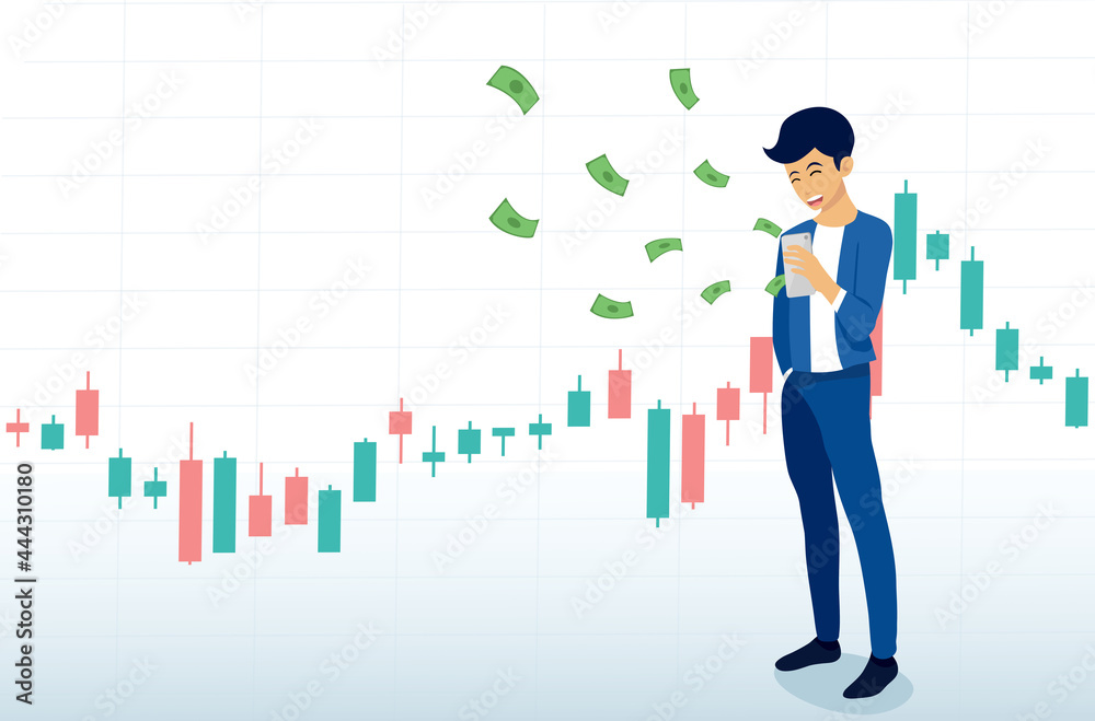 Businessman trading stocks market on smartphone get profits,Candlestick graph buy and sell sign, man investing concepts,internet earning cash study, winning plenty of money, vector Businessman trading stocks market on smartphone get profits,Candlestick graph buy and sell sign, man investing concepts,internet earning cash study, winning plenty of money, vector