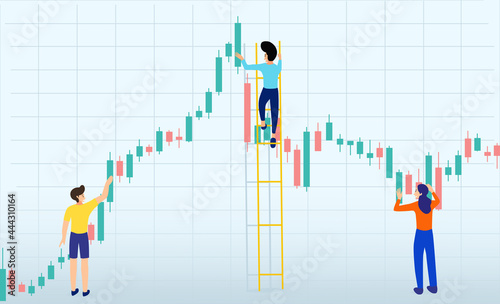 Young people holding candlestick buy and sell sign,money investing concepts,internet earning study,Making cash on the internet, winning plenty of money, vector illustration