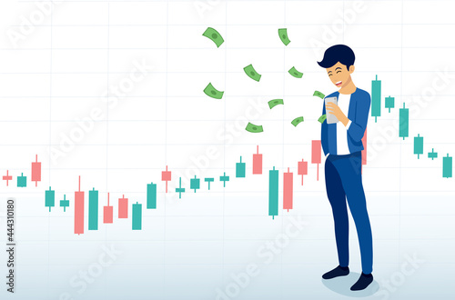 Businessman trading stocks market on smartphone get profits,Candlestick graph buy and sell sign, man investing concepts,internet earning cash study, winning plenty of money, vector
