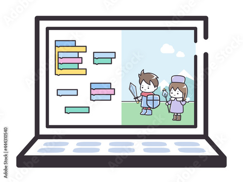 子どもがゲームをプログラミングするパソコン画面のイメージイラスト